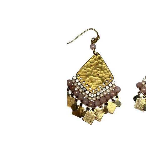 Seed Beaded Hammered Teardrop Earrings Gold Tone Bohemian Coastal Boho - Picture 3 of 5